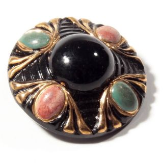 (1) 22mm Czech Antique Vintage Hand Painted Gold Gilt Fancy Black Glass Button photo