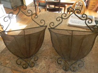 (2) Vintage Antique Wrought Iron Wall Pocket Planter Baskets Wire Mesh Patina photo
