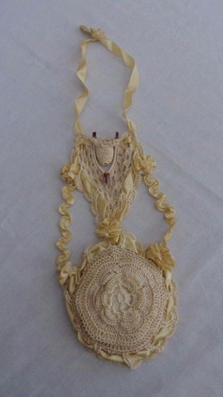 Vtg Antique Crocheted Pin Cushion & Wish Bone Thimble Holder Satin Ribbon Trim photo