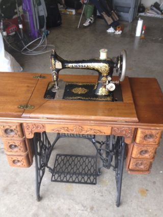 Antique Singer Sewing Machine Wooden Cabinet & Cast Iron Base photo