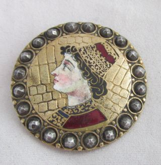 Antique Enamel Painted Miniature Portrait Button Cut Steel Man With Hat photo