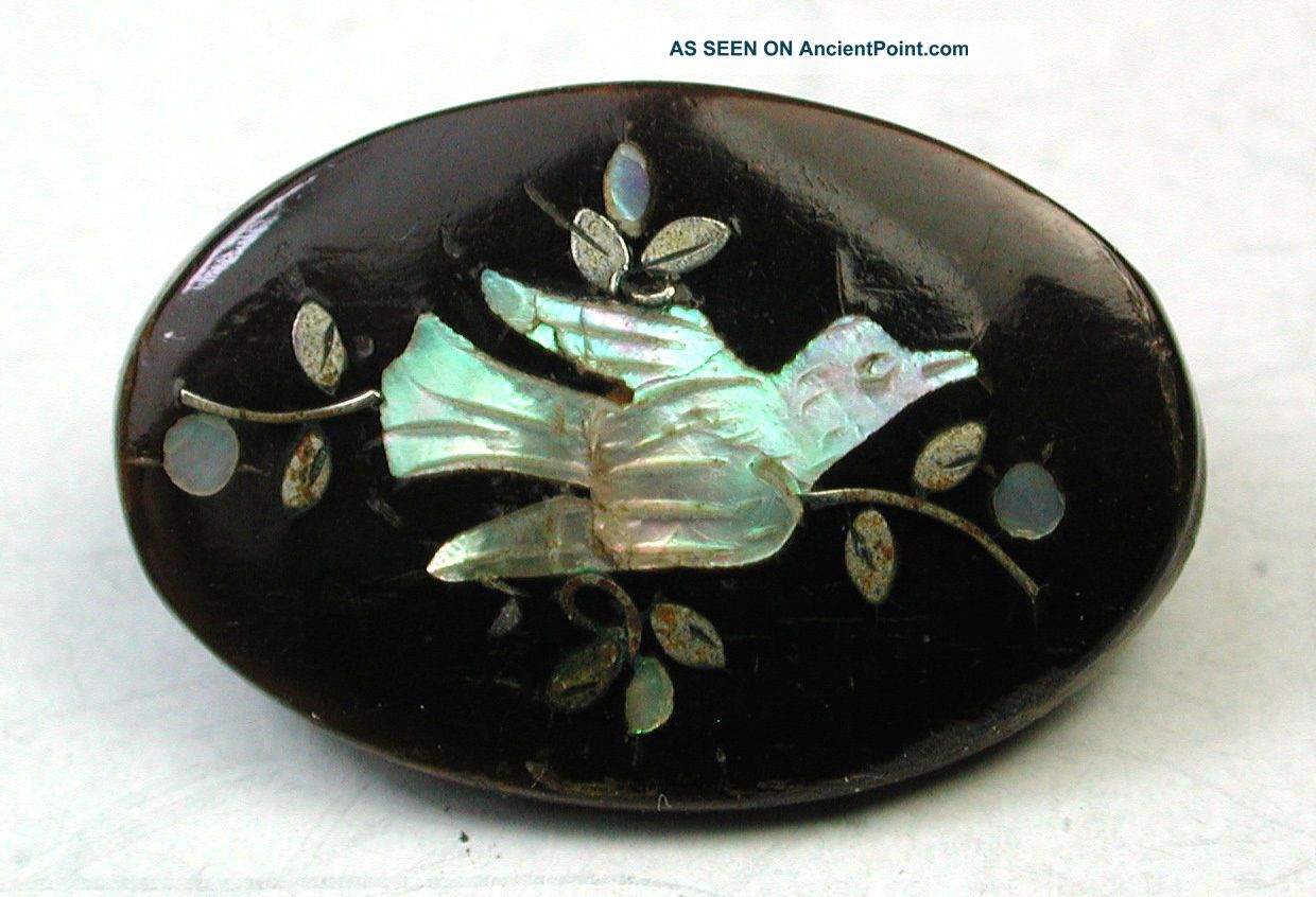 Antique Oval Horn Button W/ Iridsent Shell & Silver Bird Inlay Design Buttons photo