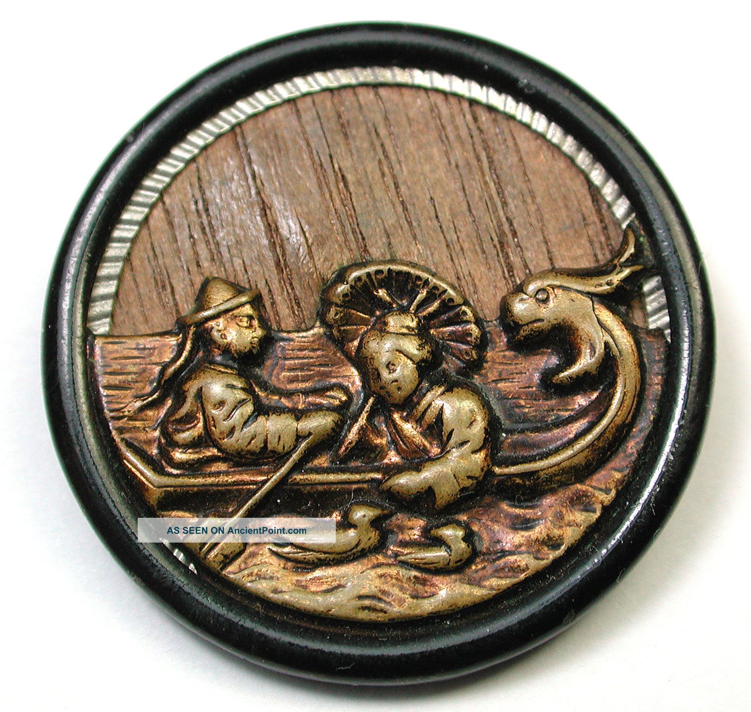 Med Sz Antique Woodback Button Asian Couple In Dragon Boat W/ Ducks Buttons photo