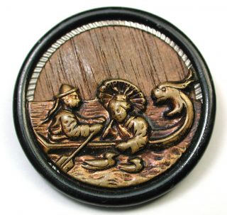 Med Sz Antique Woodback Button Asian Couple In Dragon Boat W/ Ducks photo