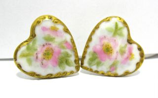 Antique Vintage Porcelain Gold Trim Heart Floral Buttons 18 X 20 Mm (2) photo
