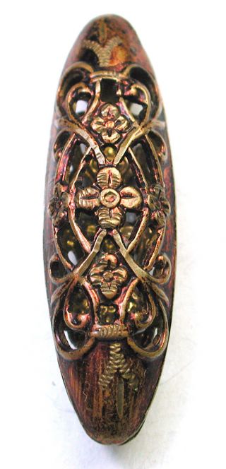 Antique Brass Cage Button Fancy Pierced Floral Spindle Shape Design photo