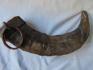 Antique Ottoman Hand Made Wagon Tar Grease Horn W Hand Forged Iron Bands & Ring photo