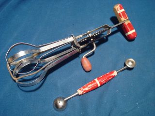 Vintage Pair Ekco Red Wood Handle Kitchen Utensils Egg Beater Melon Baller photo