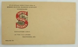 Vintage Singer Sewing Machines Adv Envelope Baltimore Md Maryland photo