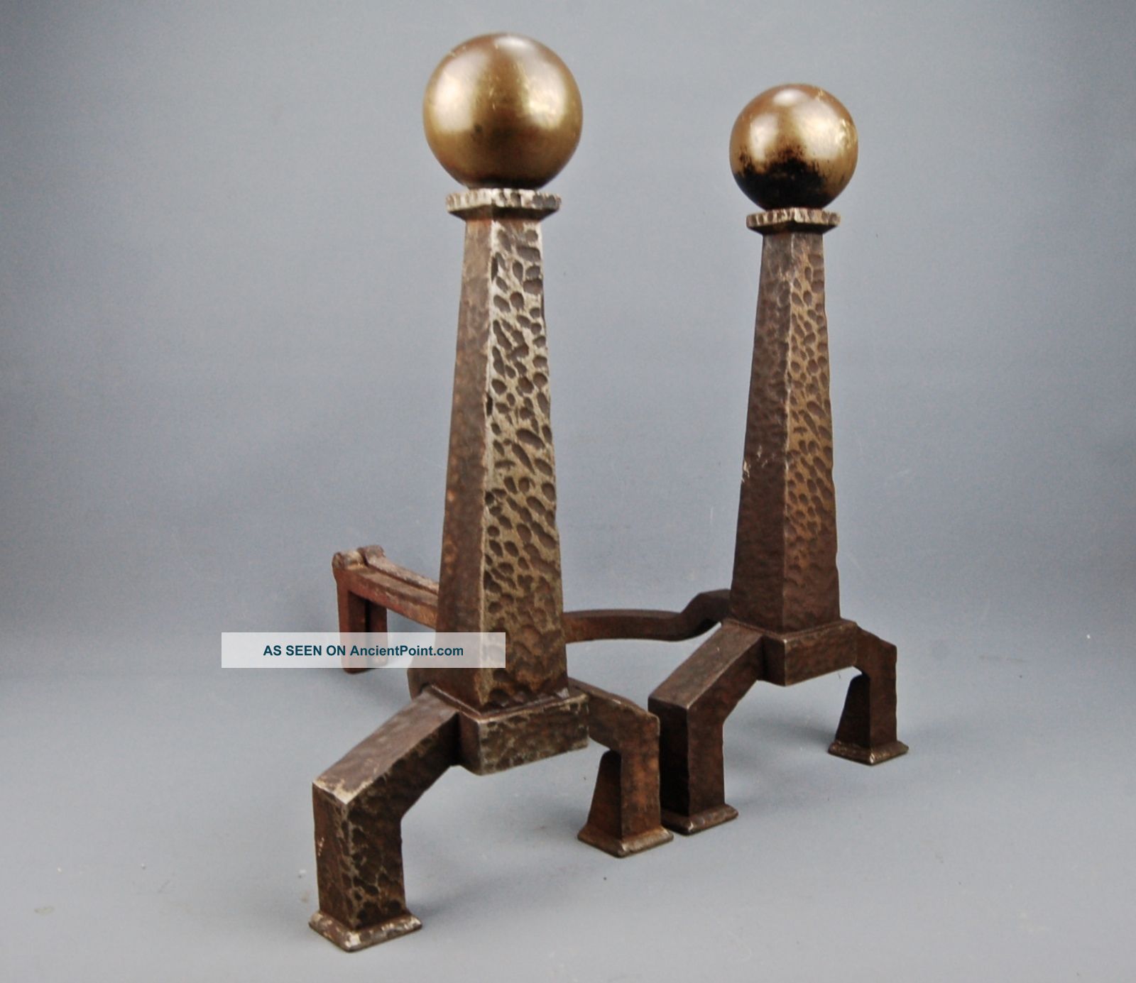 Arts & Crafts Mission Hammered Cast Iron & Brass Ball Fireplace Andirons Boston Hearth Ware photo