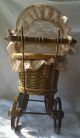 Vintage White Minature Baby Stroller Buggy Carriage Wooden Wick Metal 14 