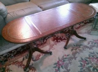 Vintage Rare Leather Top Coffee Table With Gold Trim Clawed Feet W/wheels photo