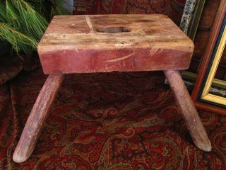 Primitive Antique Farm Milk Step Stool Old Barn Red Paint Pegged Legs Aafa photo