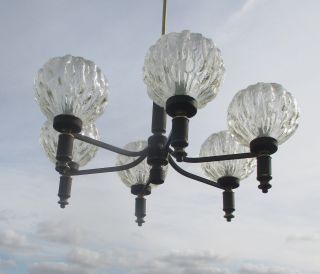 Vintage Clear Glass Mid Century Chandelier Light Lamp 6 Balls Iced Glass photo