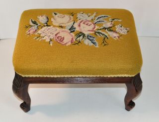 Antique Vintage Mahogany Carved French Style Needlepoint Foot Stool photo