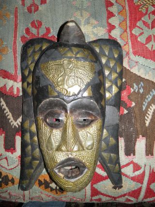 Old Antique Vintage African Mask Hand Carved Wood Brass Engraved Decor - photo