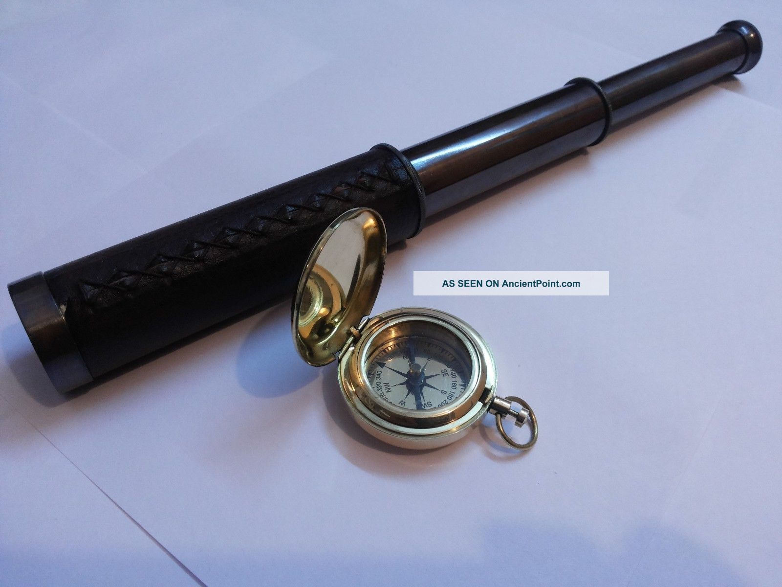 Antique Brass Telescope Leather Grip With Brass Push Button Compass Marine Telescopes photo
