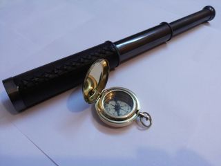 Antique Brass Telescope Leather Grip With Brass Push Button Compass Marine photo