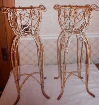 Vintage Shabby Rustic White Wrought Iron Metal Plant Stands photo