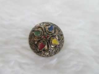Antique Red Green Blue Yellow Enameled Gilt Brass Dome Button 7/16 