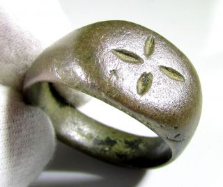 Rare Medieval - Knights Templar Era - Bronze Religious Ring With Cross - Ii77 photo