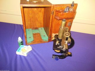 1890 ' S Rare Spencer Brass Microscope & Case & Accessories photo