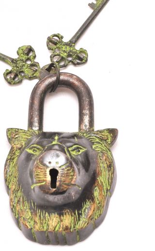 Collectible Functional Brass Lion Face Green Pad Lock Handmade Item Bl012 photo