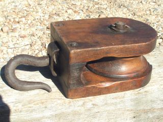 Old Wooden Block Tackle Pulley With Wood Wheel Western 1432 photo