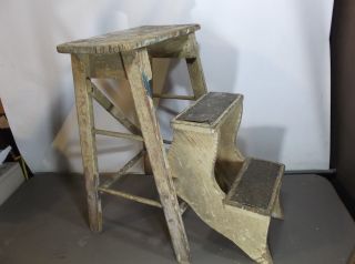 Antique/ Vtg Convertible Wooden Drop Down Step Stool Folding Ladder Old Paint photo