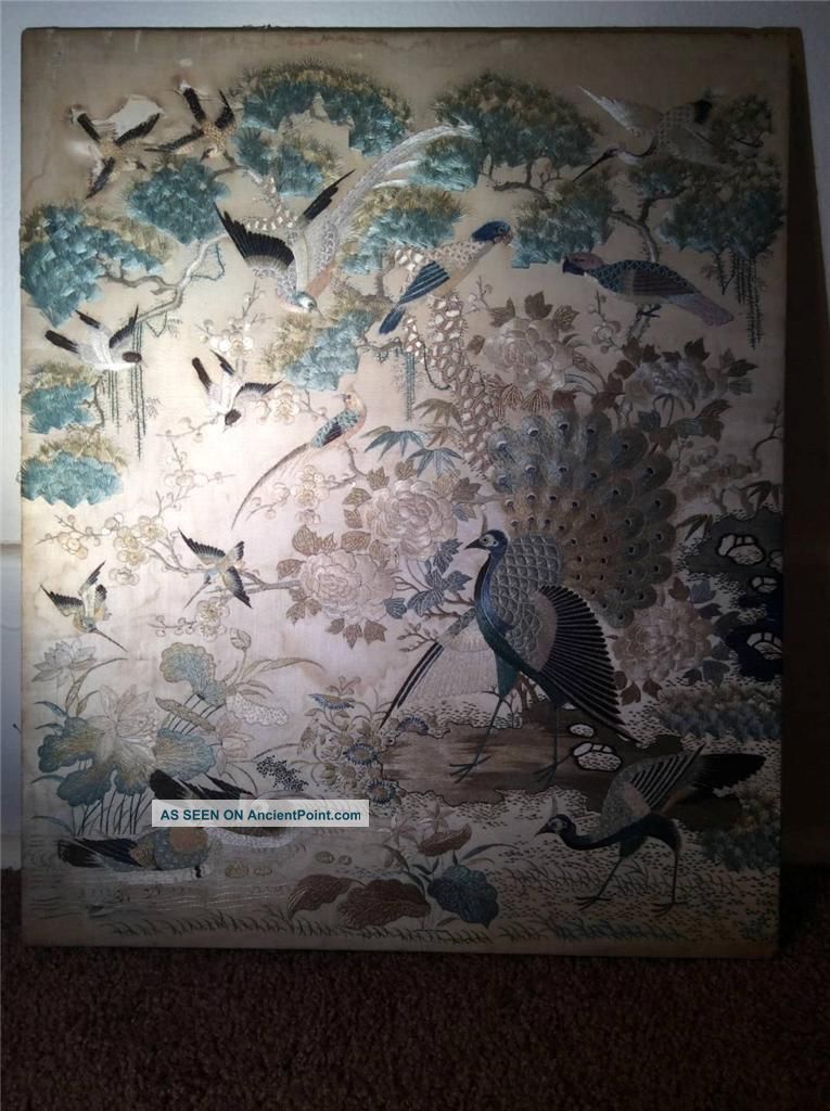 Antique 19th Qi ' Ing Chinese School Embroidered Panel 100 Birds Embroidery Robes & Textiles photo