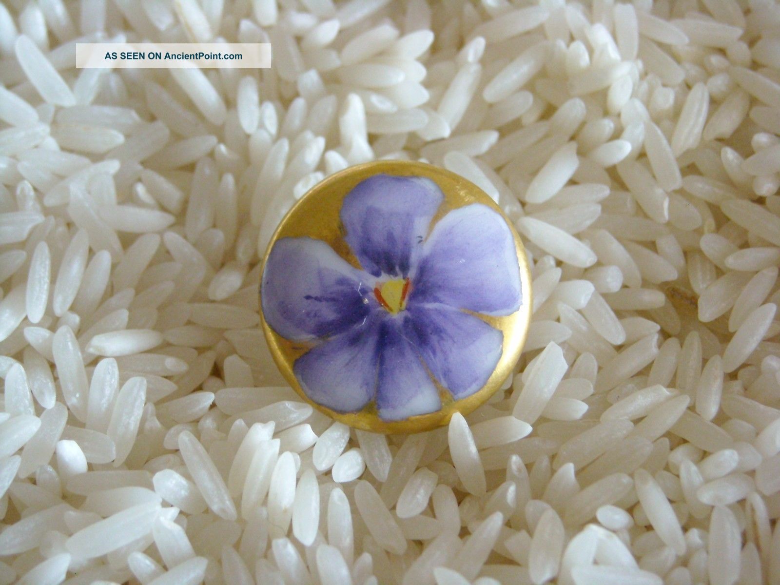Antique Hand - Painted Porcelain Stud Button Gold Border Purple Pansy? Buttons photo