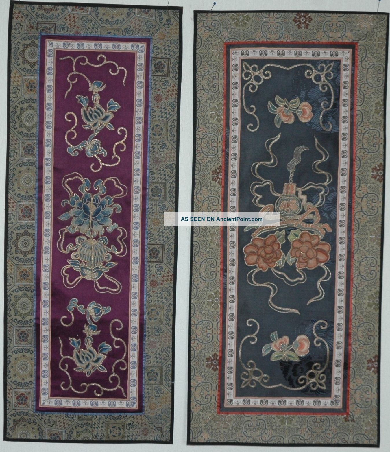 Chinese Embroidered,  Forbidden Stitched,  Silk Panels With Flowers & Scholar Obj. Robes & Textiles photo
