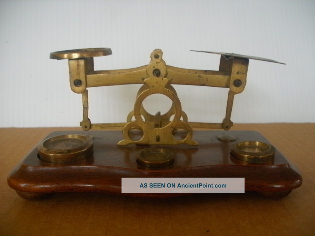 Vintage Scale With 3 Brass Weights Scales photo