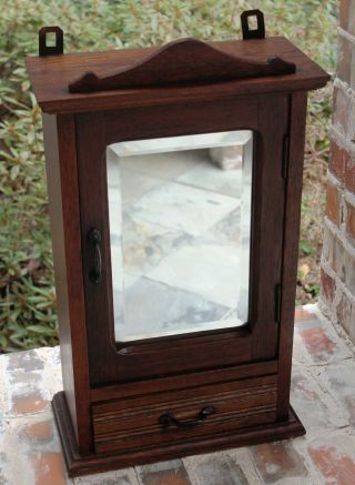 Antique English Oak Farmhouse Cottage Mirrored Hanging Medicine Wall Cabinet photo