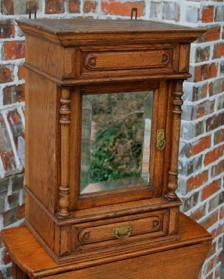 Antique English Oak Large Mirrored Hanging Medicine Wall Cabinet photo
