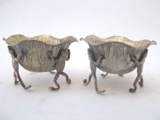 Novelty Antique Pair Silver Gilt Metal Lotus Leaf Salts With Frog Legs Unusual photo