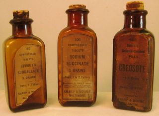 3 Old Sharp & Dohme Vintage Medicine - Pharmaceutical Brown Bottles photo