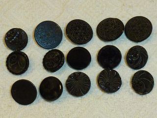 15 Antique Carved Glass Jet Black Victorian Mourning Buttons Star 5/8 