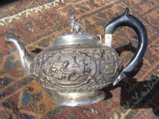 780 Grams Old Sterling Silver Repousse Teapot Ramakien Thailand Siam Asia Burma photo