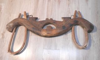 Antique Hand Carved Double Ox Yoke - European Wood Folk Art Brown Owner Seller photo