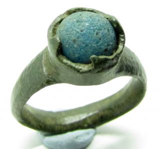 Scarce Saxon Era Bronze Ring With Blue Gem In Bezel - Historical Gift - T1 photo