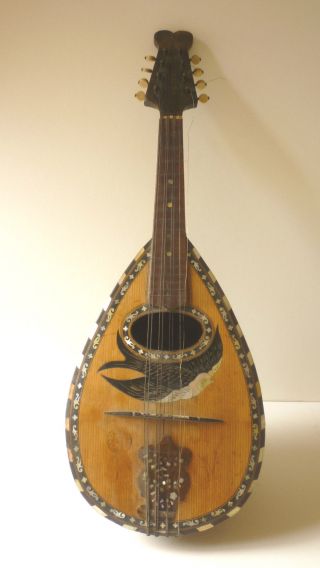 Antique Italian Inlaid Wood Mandolin With Bowl Back,  Bird Design,  Maker ' S Stamp photo