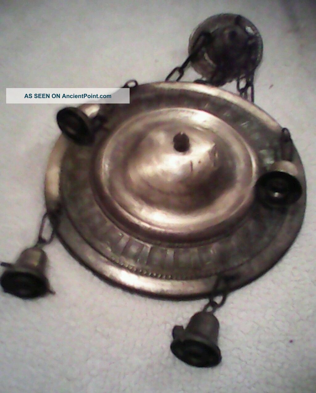 Antique Brass Pan Chandelier With 4 Yost Marked Light Fixtures Chandeliers, Fixtures, Sconces photo