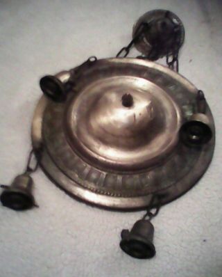 Antique Brass Pan Chandelier With 4 Yost Marked Light Fixtures photo