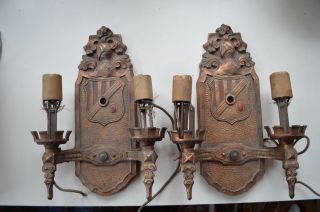 Pair Markel Antique/vintage Art Deco Iron Electric Wall Lights Sconces Knights photo