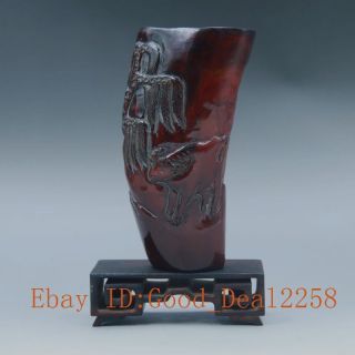Chinese Old Antique Ox - Horn Hand - Carved Cow & Willow Cup /111 photo