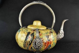 China Porcelain Pumpkin Shape Teapot Belle Painting Inlay Tibet - Silver Dragon N photo