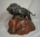 Antique Japanese Bronze Lion Signed Glass Eyes With Wood Base Metalware photo 9