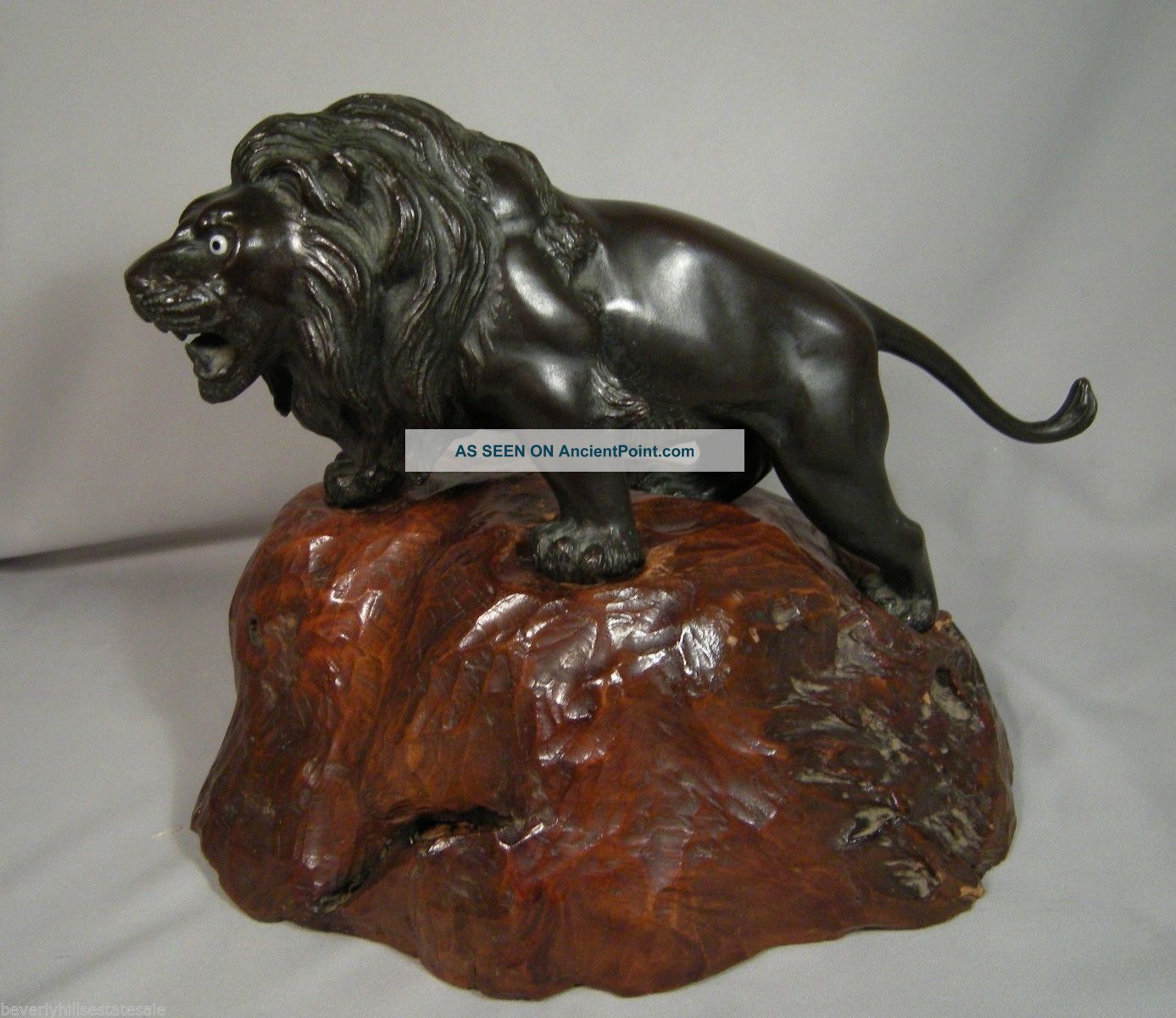 Antique Japanese Bronze Lion Signed Glass Eyes With Wood Base Metalware photo