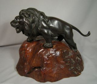 Antique Japanese Bronze Lion Signed Glass Eyes With Wood Base photo